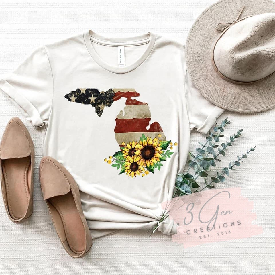 Michigan sunflowers and flag